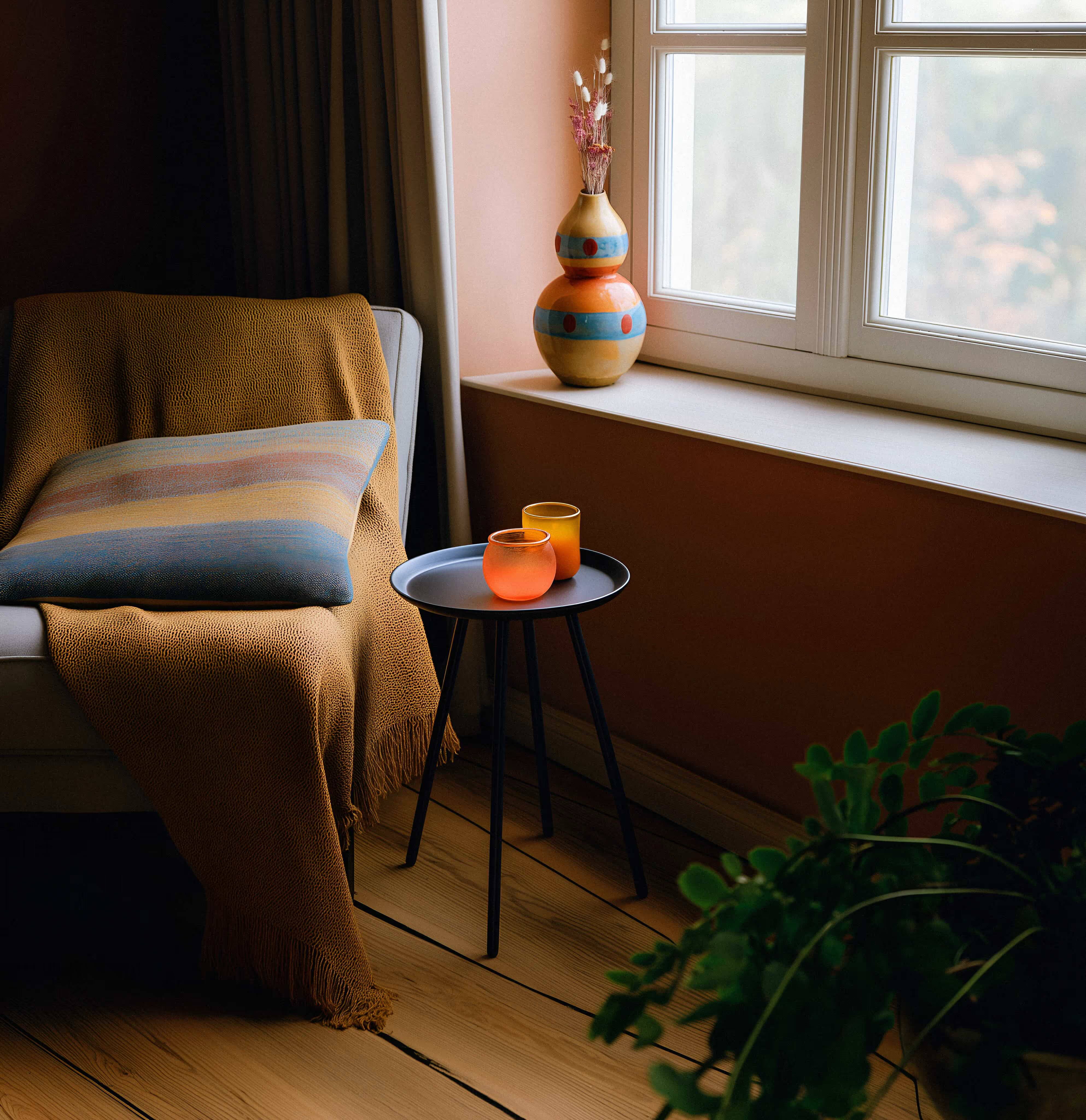 Hero photo — warm dark interior, cozy living room at dusk