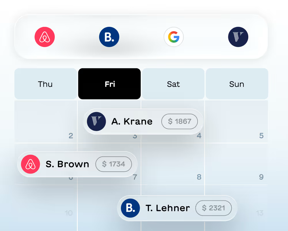 Calendar UI — bookings from Airbnb, Booking.com, Google, Vrbo in one week view